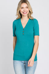 Teal Ribbed Button Front Top