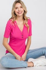 Fuchsia Ribbed Button Front Top