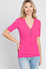 Fuchsia Ribbed Button Front Top