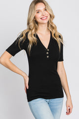 Black Ribbed Button Front Top