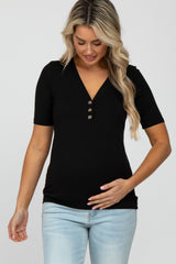 Black Ribbed Button Front Maternity Top