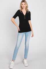 Black Ribbed Button Front Top