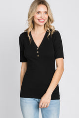 Black Ribbed Button Front Top