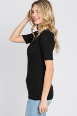 Black Ribbed Button Front Top