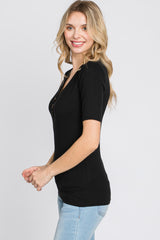 Black Ribbed Button Front Top