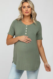 Light Olive Button Up Short Sleeve Maternity Top