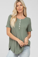 Light Olive Button Up Short Sleeve Maternity Top