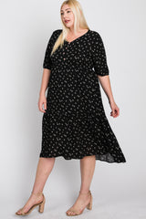 Black Floral Button Front Midi Dress