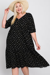 Black Floral Button Front Midi Dress