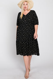 Black Floral Button Front Midi Dress