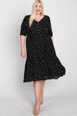 Black Floral Button Front Midi Dress