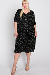 Black Floral Button Front Midi Dress