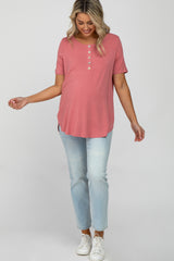 Mauve Button Up Short Sleeve Maternity Top