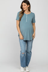 Blue Button Up Short Sleeve Maternity Top