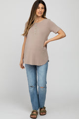 Light Taupe Button Up Short Sleeve Maternity Top