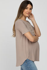 Light Taupe Button Up Short Sleeve Maternity Top