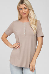 Light Taupe Button Up Short Sleeve Maternity Top