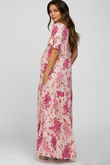 Pink Floral Tiered Maternity Maxi Dress