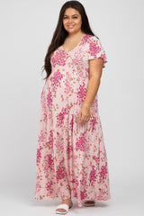 Pink Floral Tiered Maternity Plus Maxi Dress