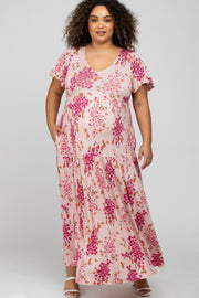 Pink Floral Tiered Maternity Plus Maxi Dress