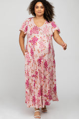 Pink Floral Tiered Maternity Plus Maxi Dress