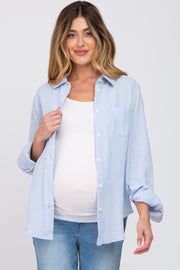 Light Blue Gauze Button Up Collared Maternity Top