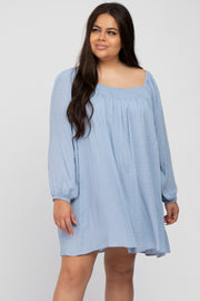 Light Blue Textured Dot Square Neck Plus Dress