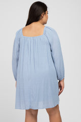 Light Blue Textured Dot Square Neck Plus Dress