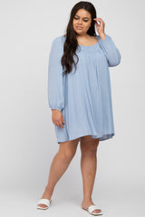 Light Blue Textured Dot Square Neck Plus Dress