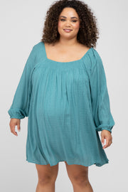 Teal Textured Dot Square Neck Maternity Plus Dress