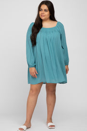 Teal Textured Dot Square Neck Plus Dress