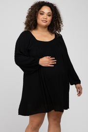 Black Textured Dot Square Neck Maternity Plus Dress