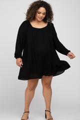 Black Textured Dot Square Neck Maternity Plus Dress