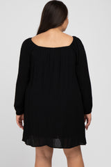 Black Textured Dot Square Neck Plus Dress