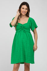 Green Smocked Ruched Tie Front Maternity Dress