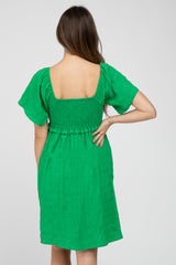 Green Smocked Ruched Tie Front Maternity Dress