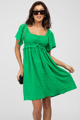 Green Smocked Ruched Tie Front Dress