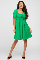 Green Smocked Ruched Tie Front Dress