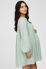 Mint Green Textured Dot Square Neck Maternity Dress