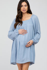 Light Blue Textured Dot Square Neck Maternity Dress