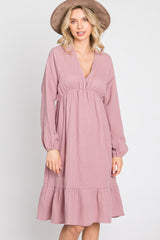 Mauve Long Sleeve Ruffle Hem Midi Dress