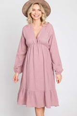 Mauve Long Sleeve Ruffle Hem Midi Dress