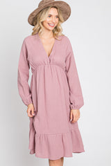 Mauve Long Sleeve Ruffle Hem Midi Dress