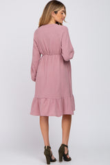 Mauve Long Sleeve Ruffle Hem Maternity Midi Dress