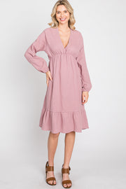 Mauve Long Sleeve Ruffle Hem Midi Dress