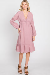 Mauve Long Sleeve Ruffle Hem Maternity Midi Dress