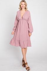 Mauve Long Sleeve Ruffle Hem Midi Dress