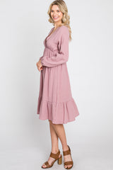 Mauve Long Sleeve Ruffle Hem Midi Dress