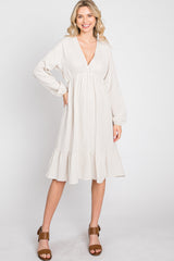 Beige Long Sleeve Ruffle Hem Midi Dress