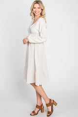 Beige Long Sleeve Ruffle Hem Midi Dress